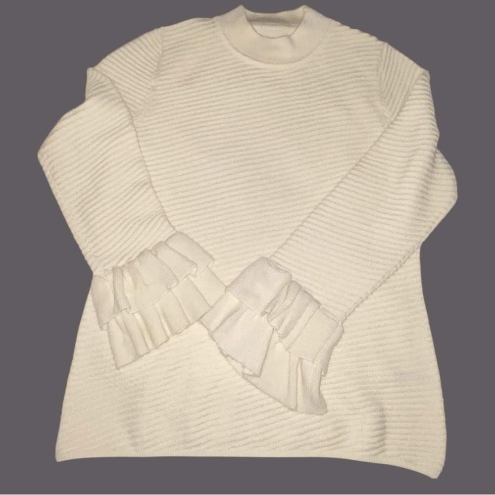 KARL LAGERFELD PARIS CREAM WOOL BLEND RUFFLED CUFFS CHUNKY RIBBED SWEATER•S/M❤️
